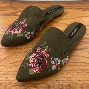 Bebe Suede Embroidered Mules, Slides